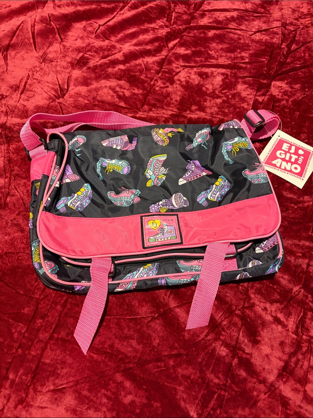 Vintage80s Gitano Black Messenger Bag with Pink Trim and Skate Print
